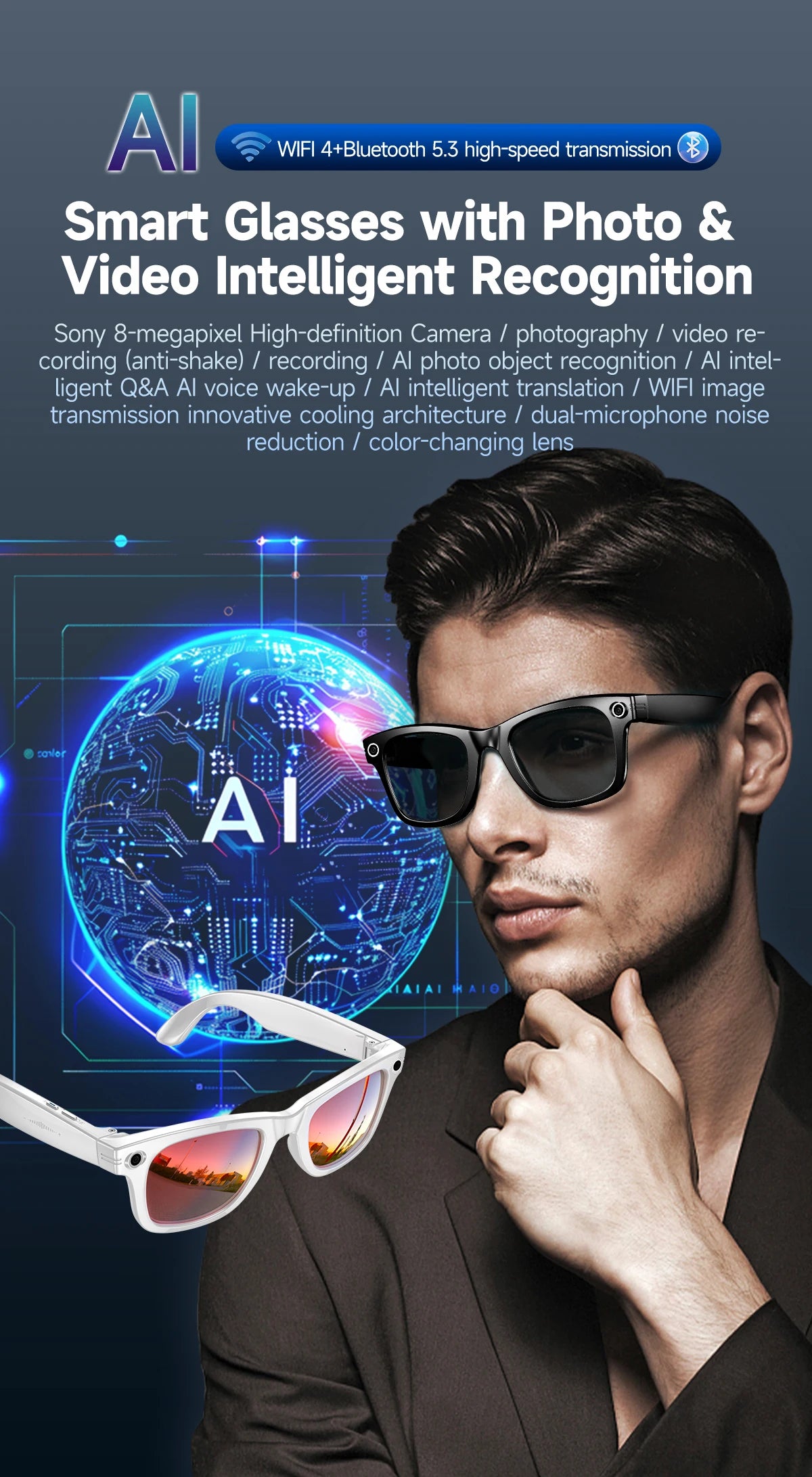 Cyan AI Smart Glasses with Camera, Real-Time Translation & Bluetooth Calling