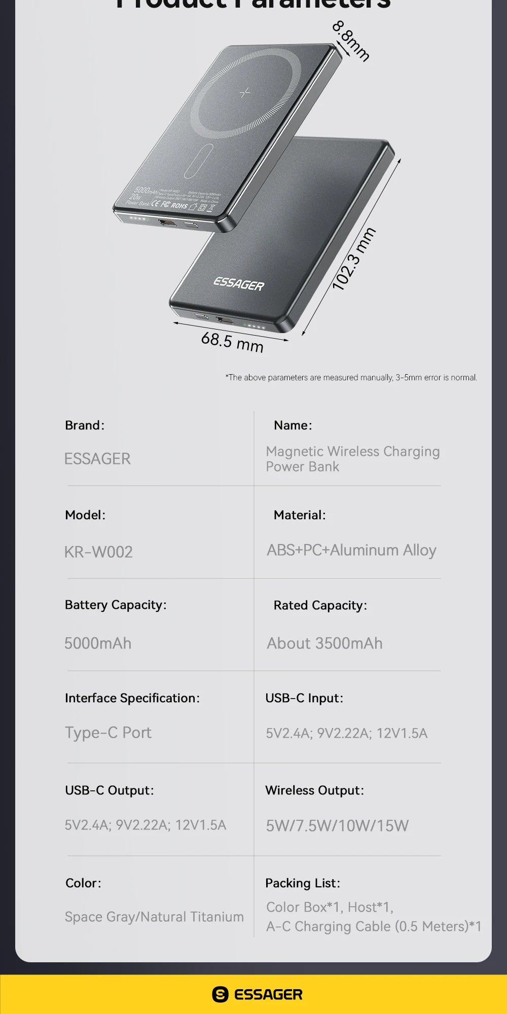 Essager Thin Wireless Power Bank 5000mAh Portable
