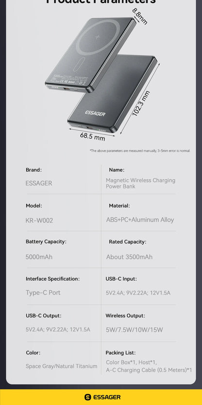 Essager Thin Wireless Power Bank 5000mAh Portable